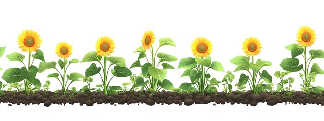 Flat vector illustration of sunflowers growing in rows, against a white background, in a simple and clean style, with bright colors