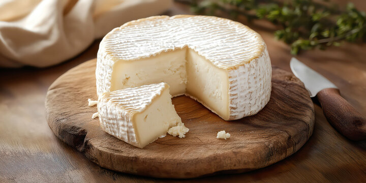 Rustic artisan brie cheese on wooden board with knife in natural light