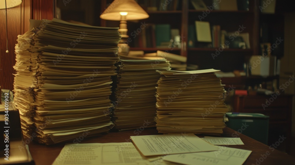 Poster three stacks of paper documents on a desk in a dimly lit room