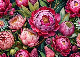 Fototapeta premium Beautiful Pattern of Pink Peony and Protea Flowers