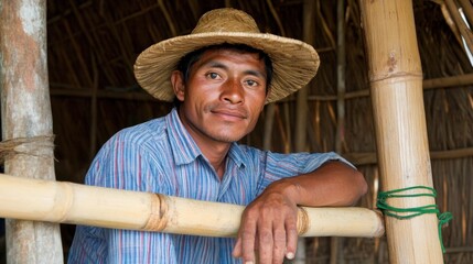 A man with a friendly smile leans against a bamboo structure, wearing a straw hat and a striped shirt inside a cozy thatched hut, enjoying the warm sunlight of the countryside