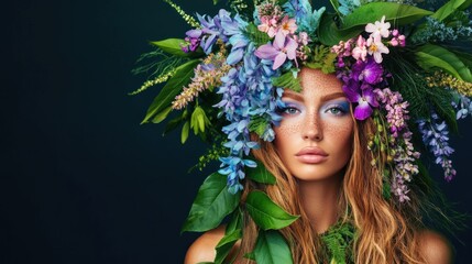 Naklejka premium A woman with striking features displays an elaborate floral crown made of colorful blossoms and lush foliage