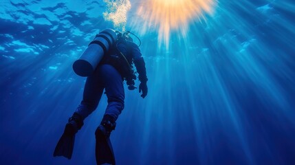Fototapeta premium A diver submerged in clear blue waters ascends toward the surface where sunlight penetrates, creating a serene and tranquil underwater environment