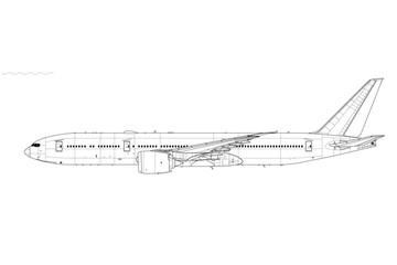Boeing 777-8. Vector drawing of wide body jet airliner. Side view. Image for illustration and infographics.