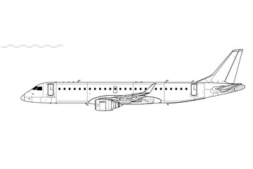 Embraer E-190. Vector drawing of regional airliner. Side view. Image for illustration and infographics.