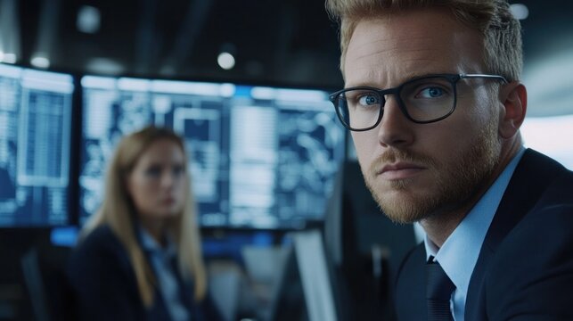 A skilled professional, wearing glasses, gazes intently at multiple computer screens displaying data, while a colleague works in the background, contributing to a critical cybersecurity task
