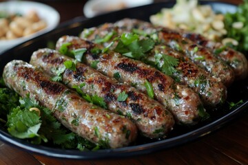 Grilled Sausages with Cilantro on a Black Plate