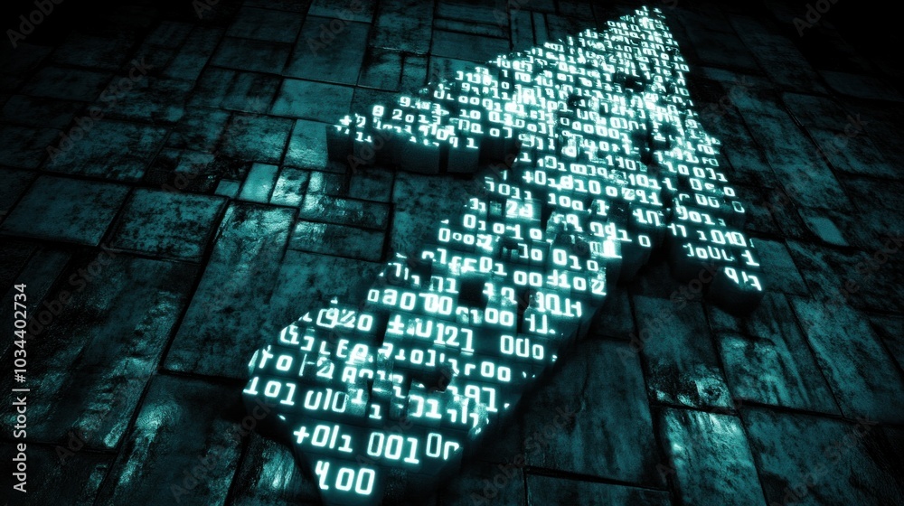 Poster a glowing arrow made of binary code points upward against a textured dark surface, symbolizing progr