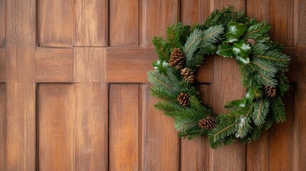 Christmas wreath on a front door, representing holiday greetings and the welcoming spirit of the season
