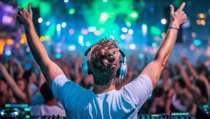 Energetic DJ performs at a vibrant outdoor festival, captivating the crowd with music and lights during a summer night celebration