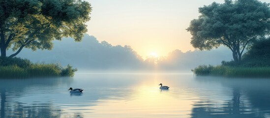 Serene Sunrise with Ducks on a Misty Lake