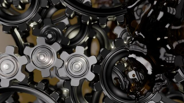 This is a detailed closeup view showcasing interlocking gears and various mechanisms within a mechanical setting. Oil pouring onto gears. 4K animation