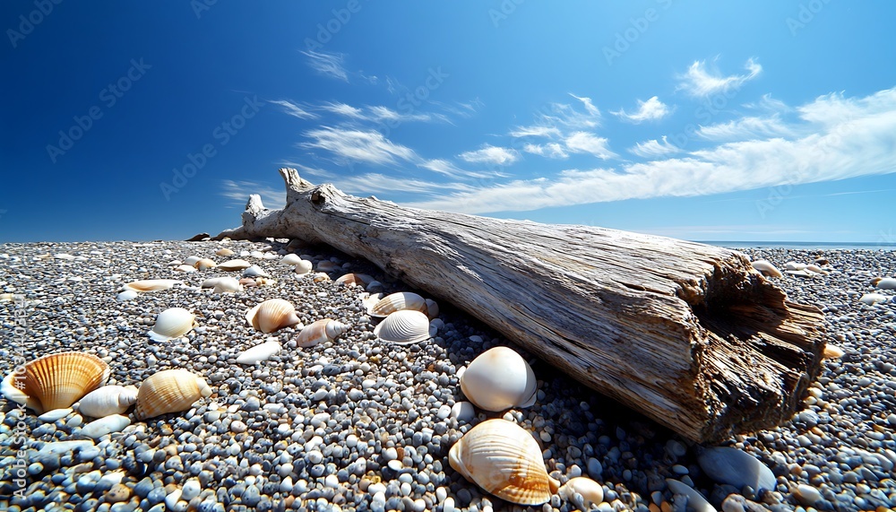 Sticker driftwood resting on the shoreline surrounded by tiny seashells and smooth stones under a cloudless 
