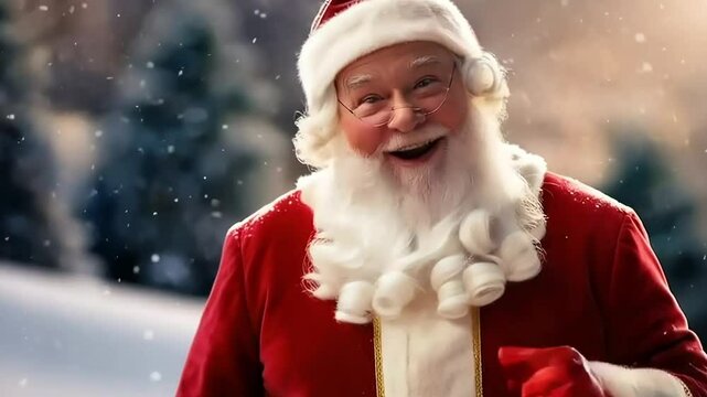 Santa Claus dressed in red. spreading holiday cheer with a gift in hand.
