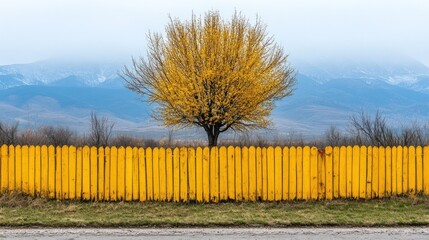 Fototapeta premium A solitary tree with bright yellow foliage rises behind a fence painted the same striking color, creating a picturesque autumn scene in a rural setting with distant mountains