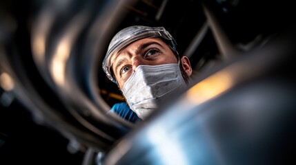 A technician closely examines complex machinery in a factory, ensuring safety protocols by wearing a helmet and mask while focusing on the intricate components
