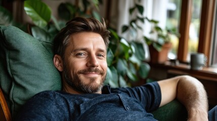 Fototapeta premium A young man with a beard rests on a green couch in a sunlit room filled with lush houseplants, radiating a relaxed and content vibe during a peaceful afternoon