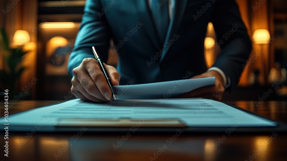 Poster close-up of a man's hand signing a document with a pen