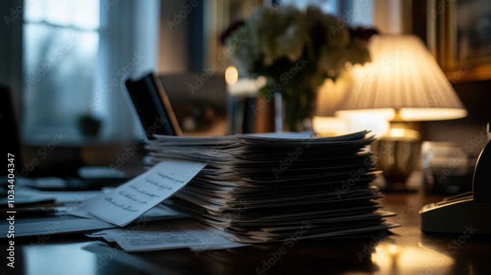 Poster stack of papers on a desk under a lamp