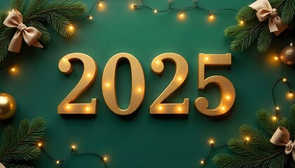 Golden serif glittery numbers 2025 on a dark green blue, contrasted by soft yellow lights, with a rustic-style Christmas tree adorned with handmade decorations and burlap ribbons.
