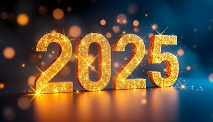 Golden serif glittery numbers 2025 on a dark green blue, contrasted by soft yellow lights, with a rustic-style Christmas tree adorned with handmade decorations and burlap ribbons.