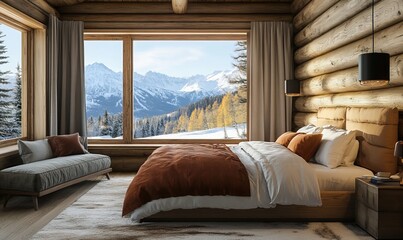 Cozy log cabin bedrooms with scenic snowy mountain views. AI generated image