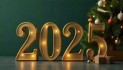 Golden serif glittery numbers 2025 on a dark green blue, contrasted by soft yellow lights, with a rustic-style Christmas tree adorned with handmade decorations and burlap ribbons.