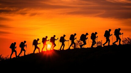 Silhouetted Hikers Ascending a Hill at Sunset