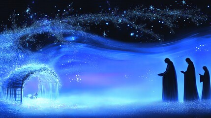 Mary, Joseph, Baby Jesus are away in a manger christmas scene with three wise men silhouettes