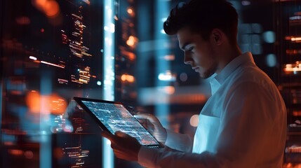A Man in a White Shirt Uses a Tablet in a Server Room Lit by Neon Lights