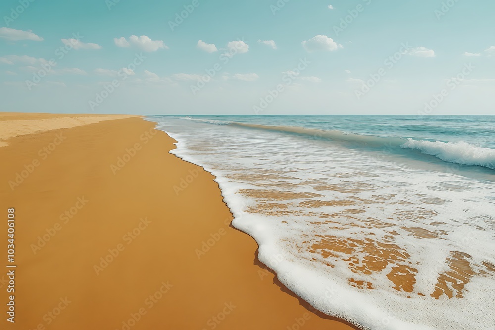 Wall mural smooth golden sand stretching out towards the ocean with gentle waves creating foam patterns along t