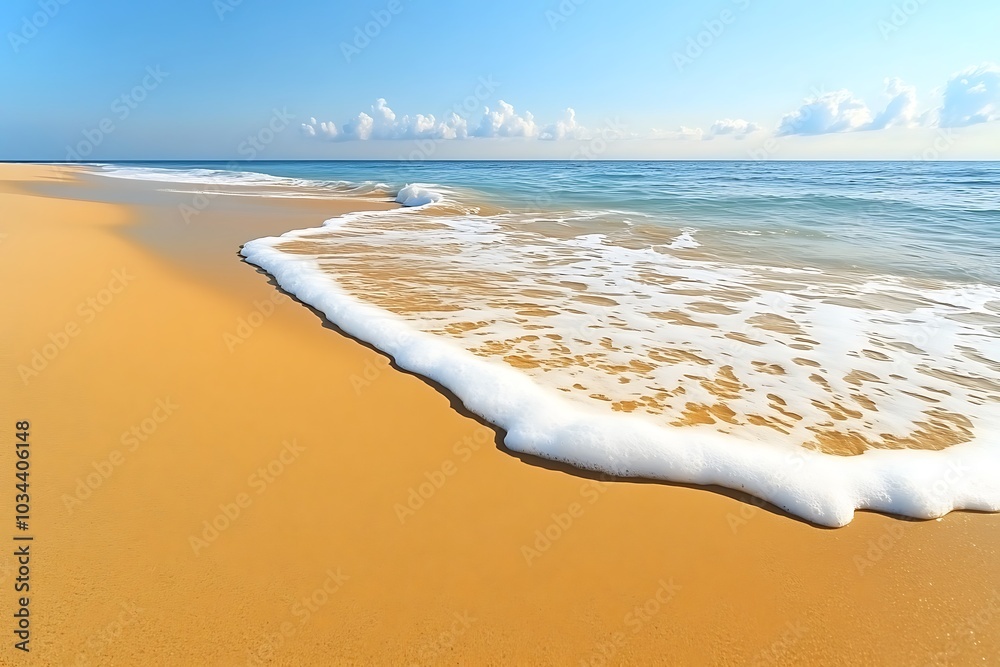 Wall mural smooth golden sand stretching out towards the ocean with gentle waves creating foam patterns along t