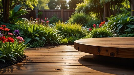 circular wooden podium stands against the backdrop of the garden and trees.