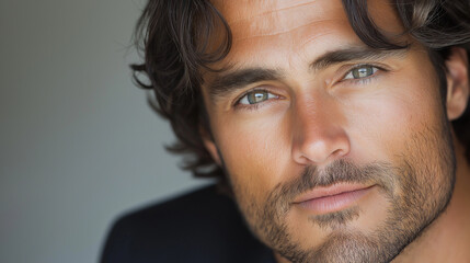 Obraz premium A close-up portrait of a handsome man in his thirties, with dark hair falling to his shoulders and soft, kind eyes. He is wearing a sophisticated suit, exuding both professionalism