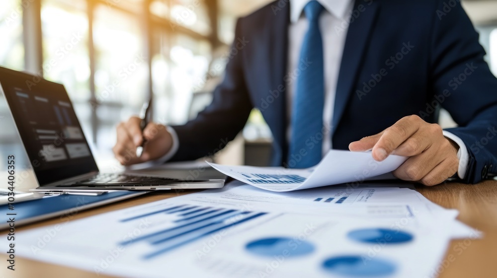 Poster businessman reviewing financial data with graphs and charts.