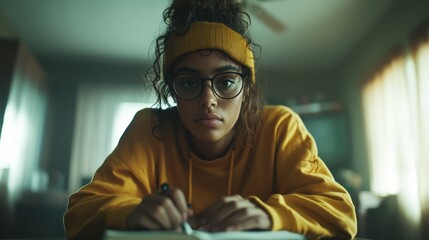 A student in glasses and a yellow sweatshirt writes with determination, seated in a well-lit study space, emphasizing concentration and learning.