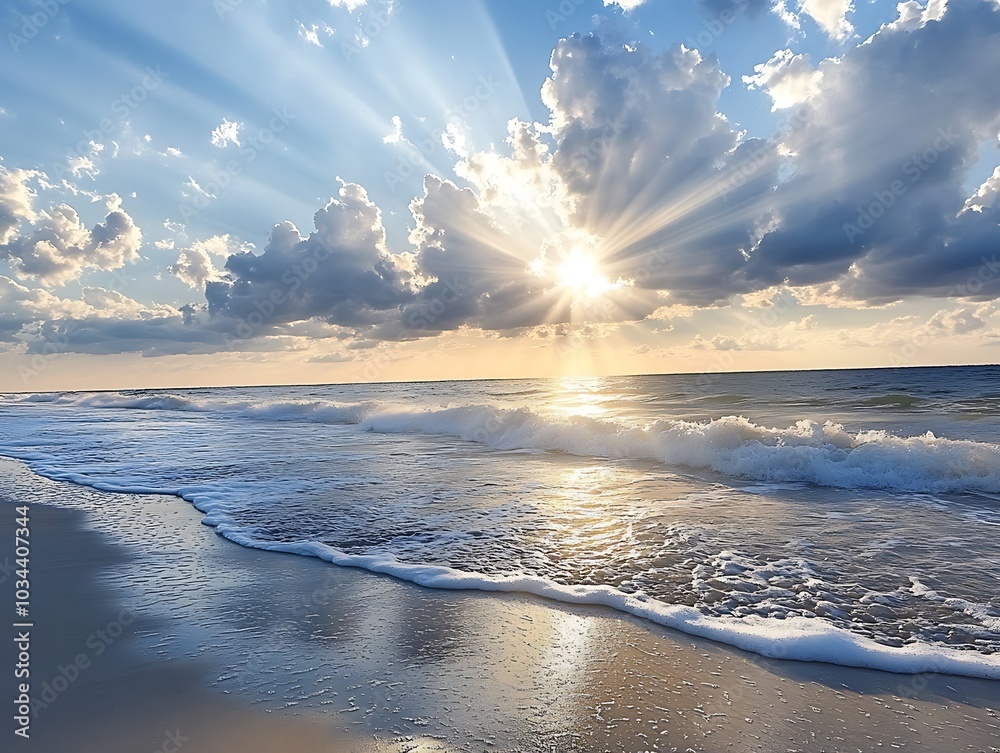 Wall mural sunlight filtering through the clouds casting beams of light onto a calm beach with gentle waves lap