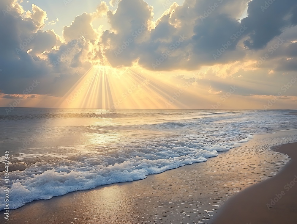 Wall mural sunlight filtering through the clouds casting beams of light onto a calm beach with gentle waves lap