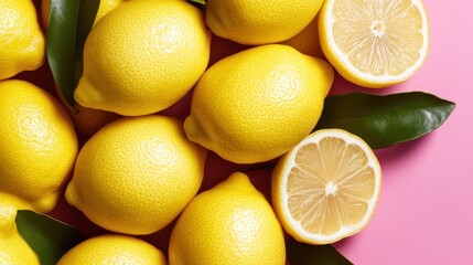 Whole and halved yellow lemons with green leaves rest on a pink background, creating a naturally vibrant display that highlights freshness and color contrasts.