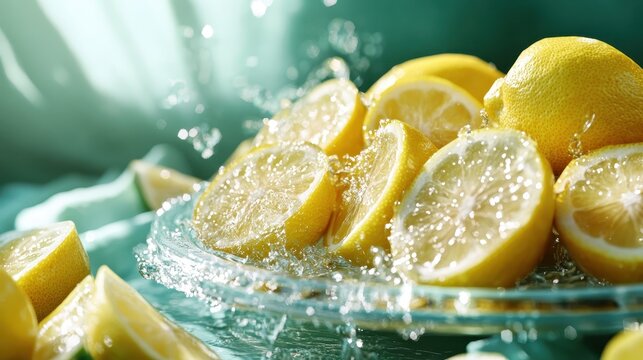 A refreshing image of vibrant yellow lemon slices being splashed by water, capturing a sense of freshness and rejuvenation with a bright, summery feel.