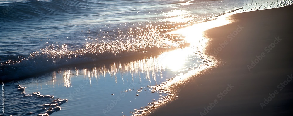 Sticker sunlight reflecting off the wet sand as gentle waves lap against the shore creating a shimmering pea