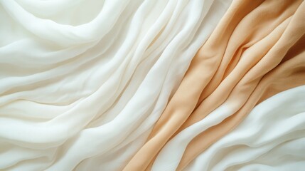 A delicate and artistic arrangement of flowing and draped linen fabrics in light beige and white tones, emphasizing softness and elegance for home decor themes.