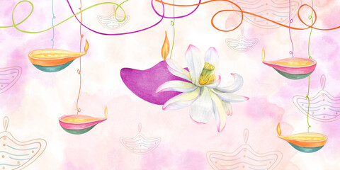 Oil Diya candles with burning flame, white lotus flower, festive ribbons illustration on watercolor background with empty space for text. For Diwali holiday, poster, advertising, greeting