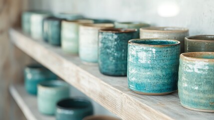 A collection of vibrant pottery mugs in varying shades of blue and green are artfully arranged on wooden shelves, showcasing craftsmanship and artistic design.