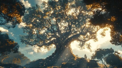 Fototapeta premium Majestic Ancient Tree with Glowing Lights in a Forest at Sunset