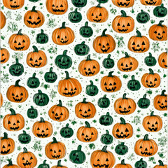 Seamless pattern of orange and green Jack-o'-lanterns, Halloween pumpkin design on white background