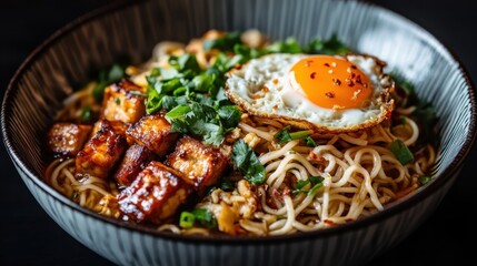 A vibrant bowl of ramen featuring crispy tofu, fresh vegetables, and a perfectly cooked fried egg, creating a harmonious blend of flavors and textures.