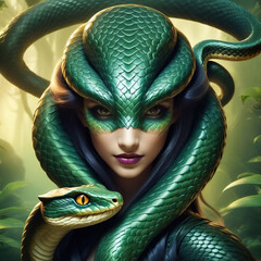 Portrait of a green fairy snake woman.