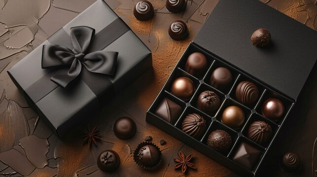 Flat lay gift box with chocolates