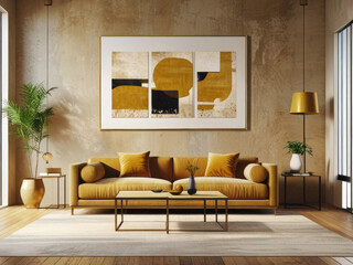Modern living room interior featuring cozy, plush yellow sofas a wooden side table with decorative items, and minimalist decor. The space is enhanced by a large abstract painting and a soft rug